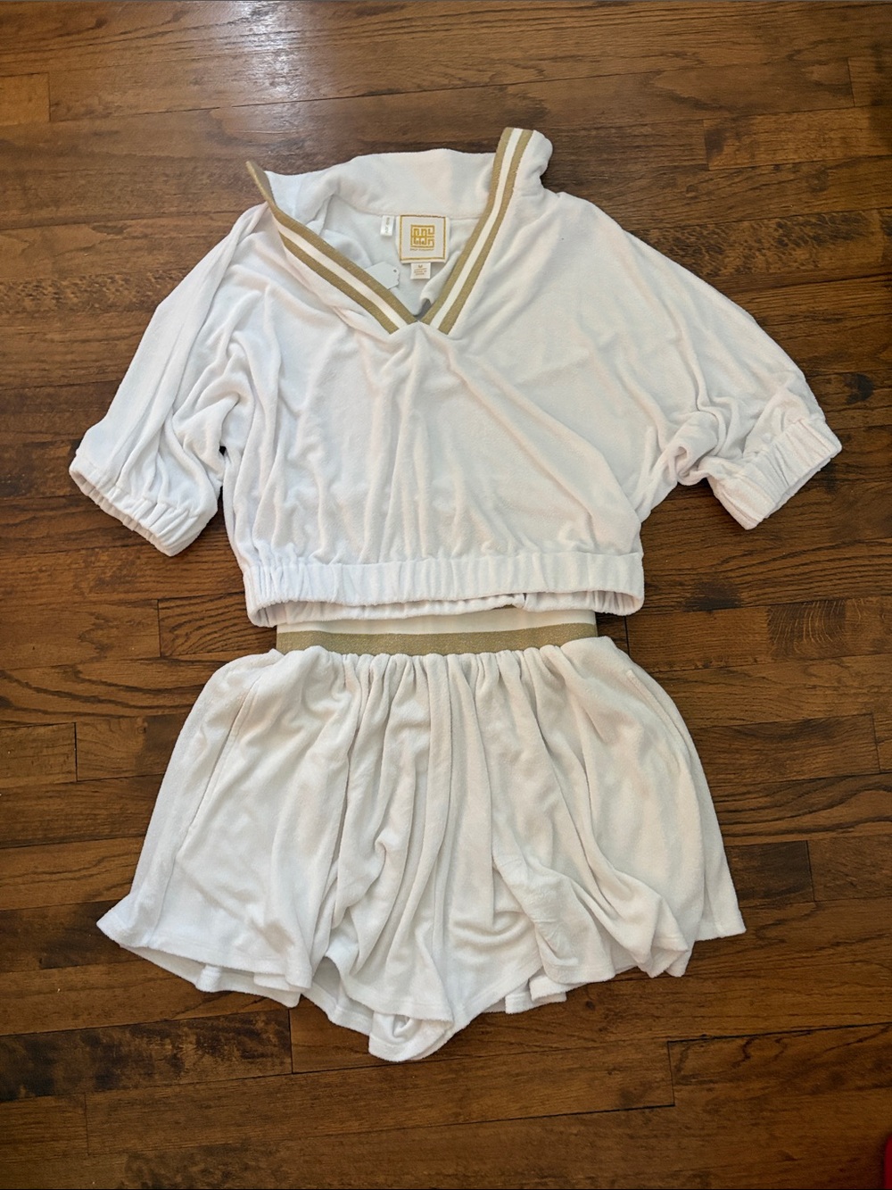 White Terrycloth Short Set with Gold Trim - Casual Women Shorts